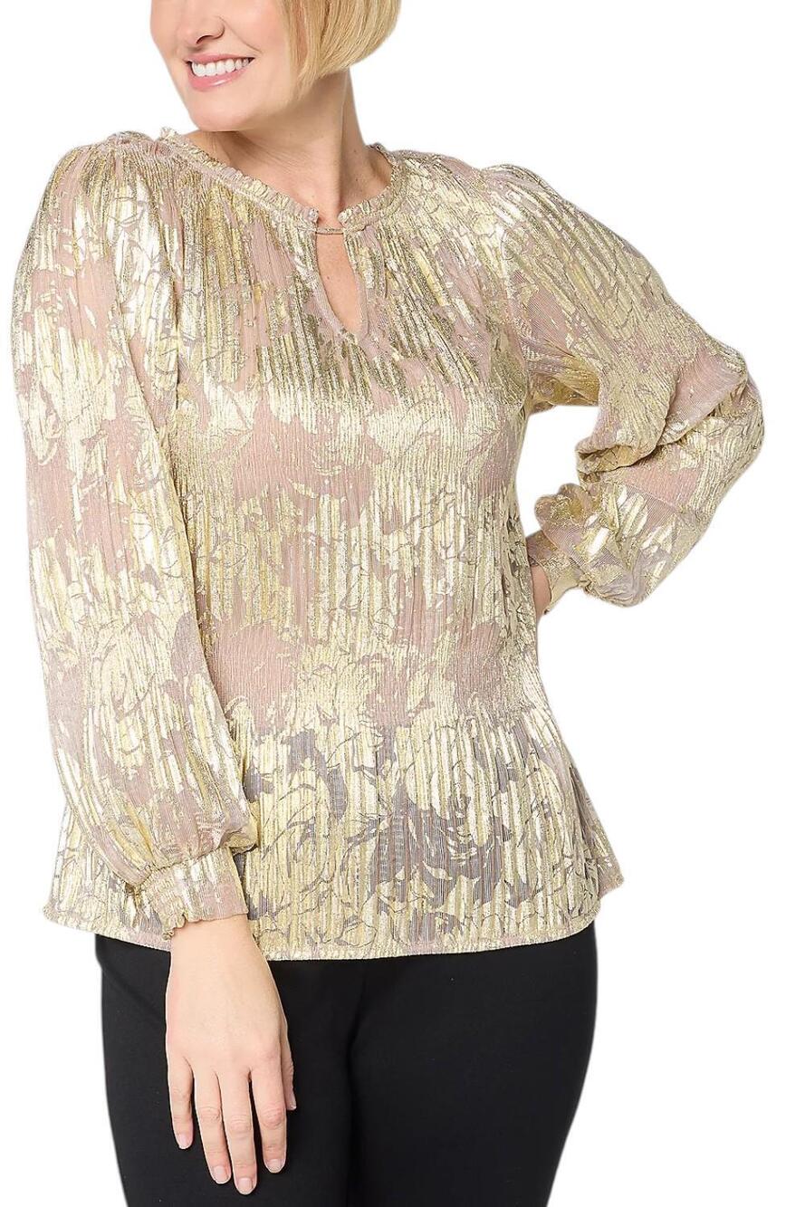 BEAUTIFUL by Lawrence Zarian Women's Donna Printed Mesh Blouse Gold - Plus